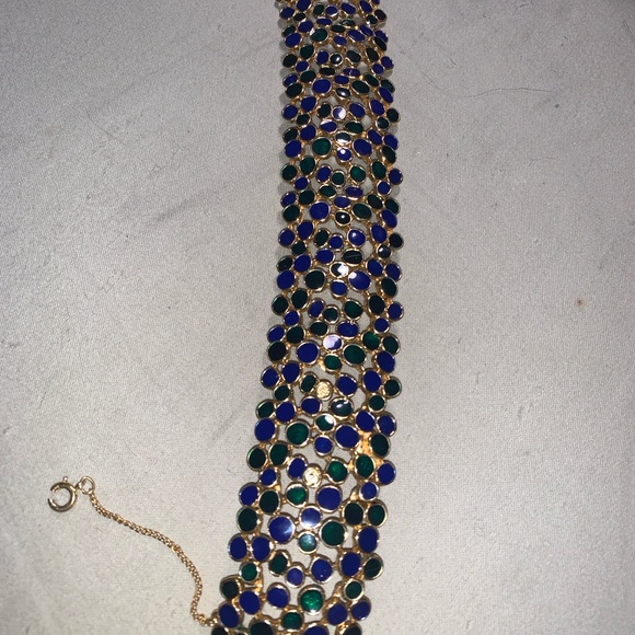 Vintage bracelet, gold with blue and green enamel decoration. 8”x1.5” - Picture 8 of 8